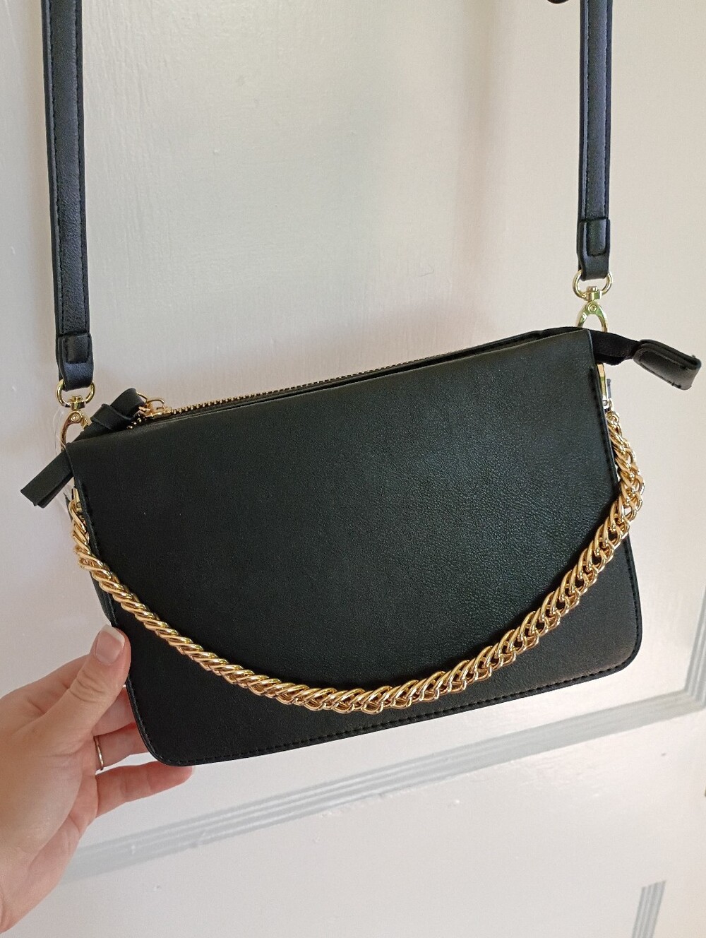 Black Faux Leather Crossbody Removable Strap Clutch Gold Chain Accent Wallet